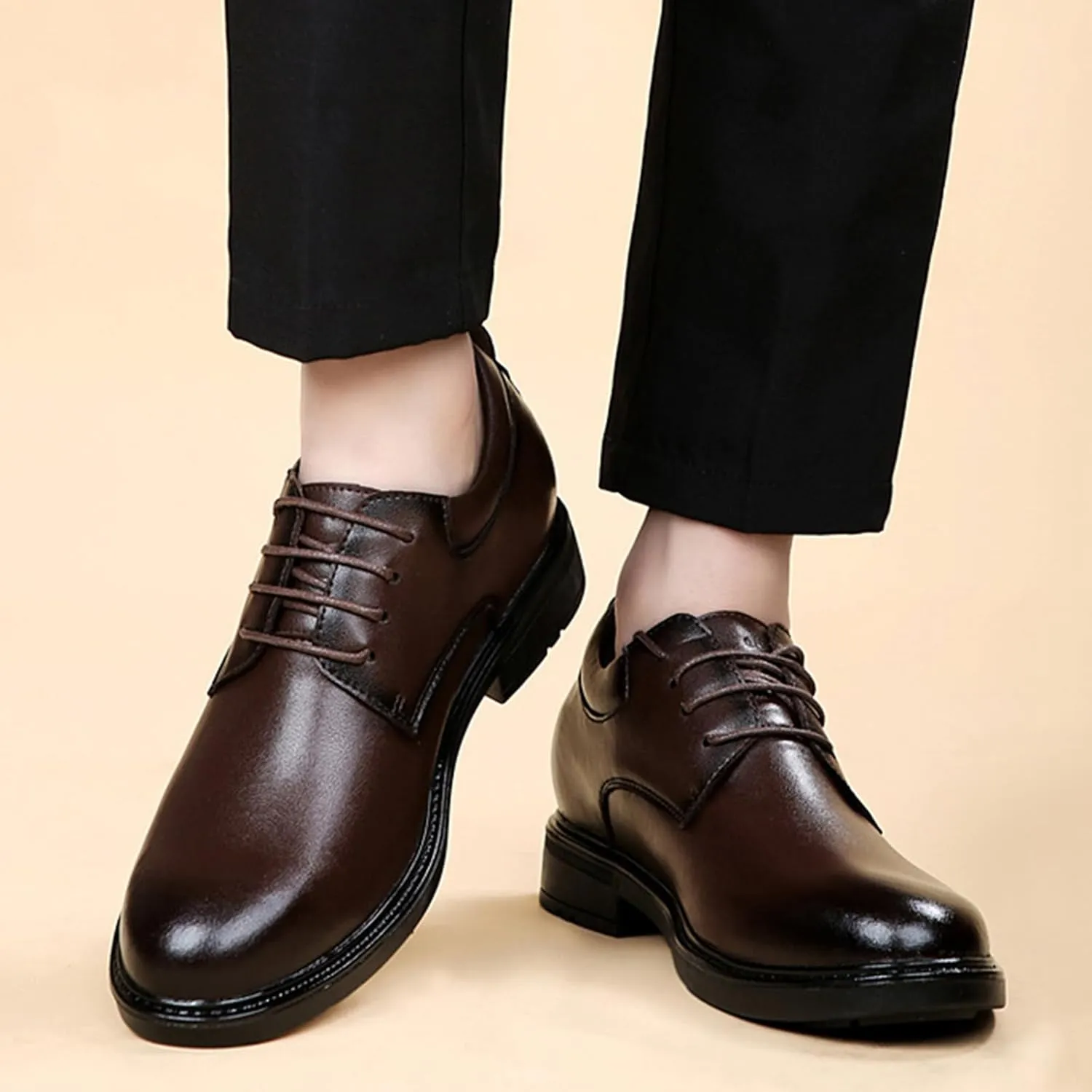 Men's Leather Invisible Height Increasing Elevator Dress Shoes Fashion Classic Cap Toe Low Top Oxfords Shoes Casual Business Formal Derby Shoes - 2.36 Inches Taller