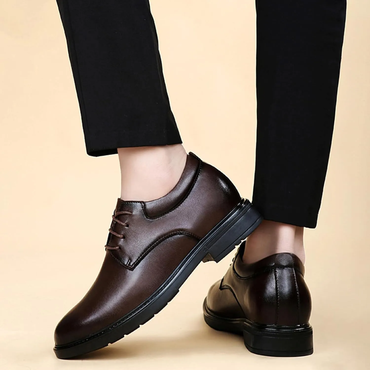 Men's Leather Invisible Height Increasing Elevator Dress Shoes Fashion Classic Cap Toe Low Top Oxfords Shoes Casual Business Formal Derby Shoes - 2.36 Inches Taller
