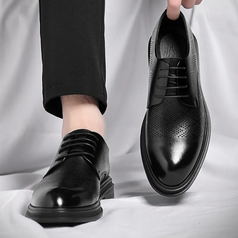 Men's Leather Oxford Fashion Perforated Prom Business Pointed Toe Dress Shoes Classic Lace-up Formal Tuxedo Derby Shoes for Men