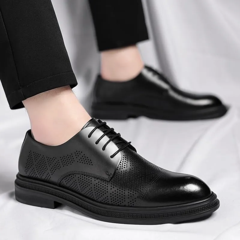 Men's Leather Oxford Fashion Perforated Prom Business Pointed Toe Dress Shoes Classic Lace-up Formal Tuxedo Derby Shoes for Men