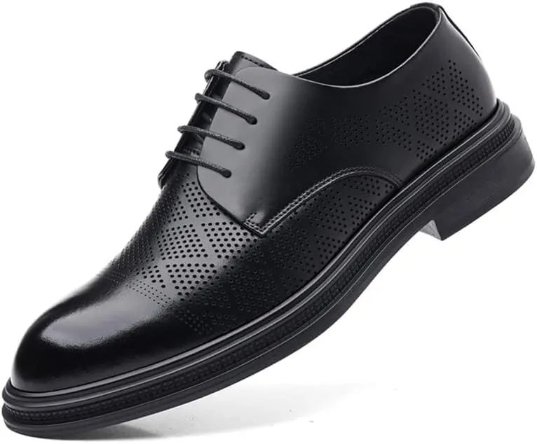 Men's Leather Oxford Fashion Perforated Prom Business Pointed Toe Dress Shoes Classic Lace-up Formal Tuxedo Derby Shoes for Men
