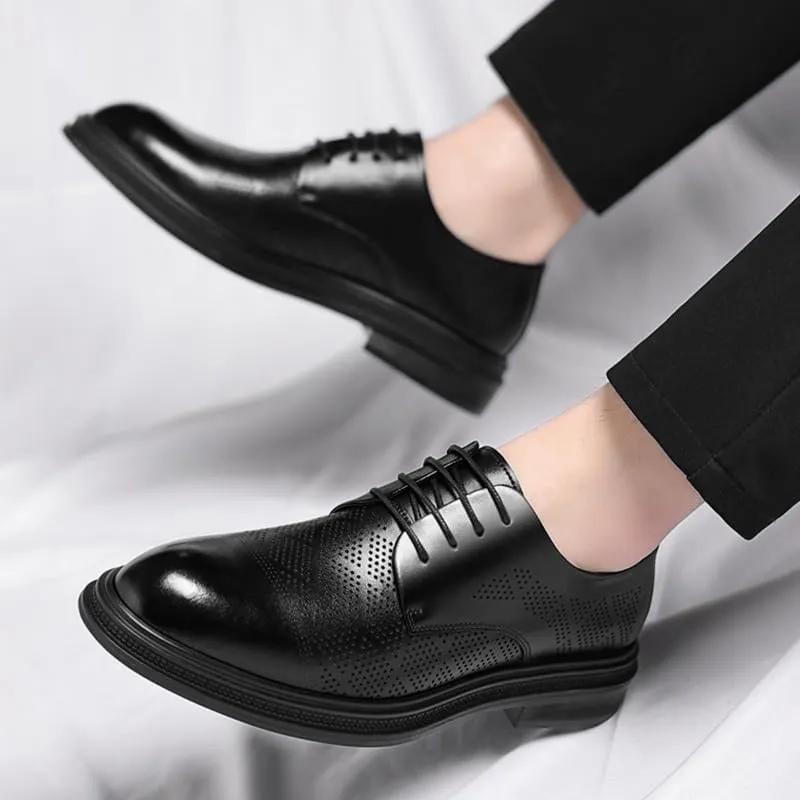 Men's Leather Oxford Fashion Perforated Prom Business Pointed Toe Dress Shoes Classic Lace-up Formal Tuxedo Derby Shoes for Men