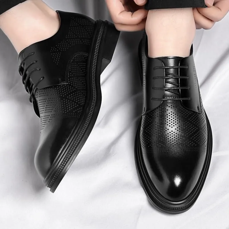 Men's Leather Oxford Fashion Perforated Prom Business Pointed Toe Dress Shoes Classic Lace-up Formal Tuxedo Derby Shoes for Men