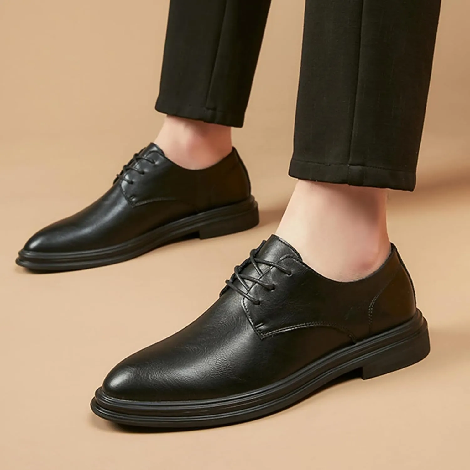 Men's Leather Shoes, Lace-Up Derbys Round Toe Soft Surface Genuine Leather Shoes Business Casual Dress Shoes Gentleman Office Work Wedding Shoes, 40 EU,Black