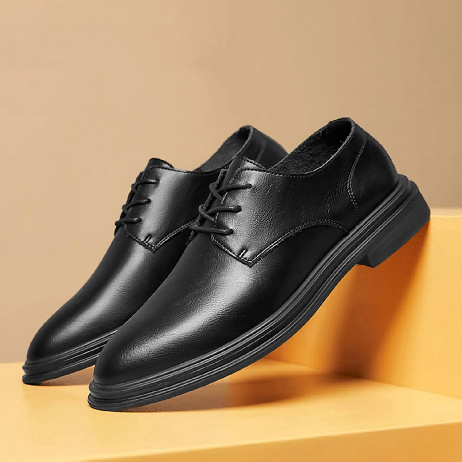 Men's Leather Shoes, Lace-Up Derbys Round Toe Soft Surface Genuine Leather Shoes Business Casual Dress Shoes Gentleman Office Work Wedding Shoes, 40 EU,Black