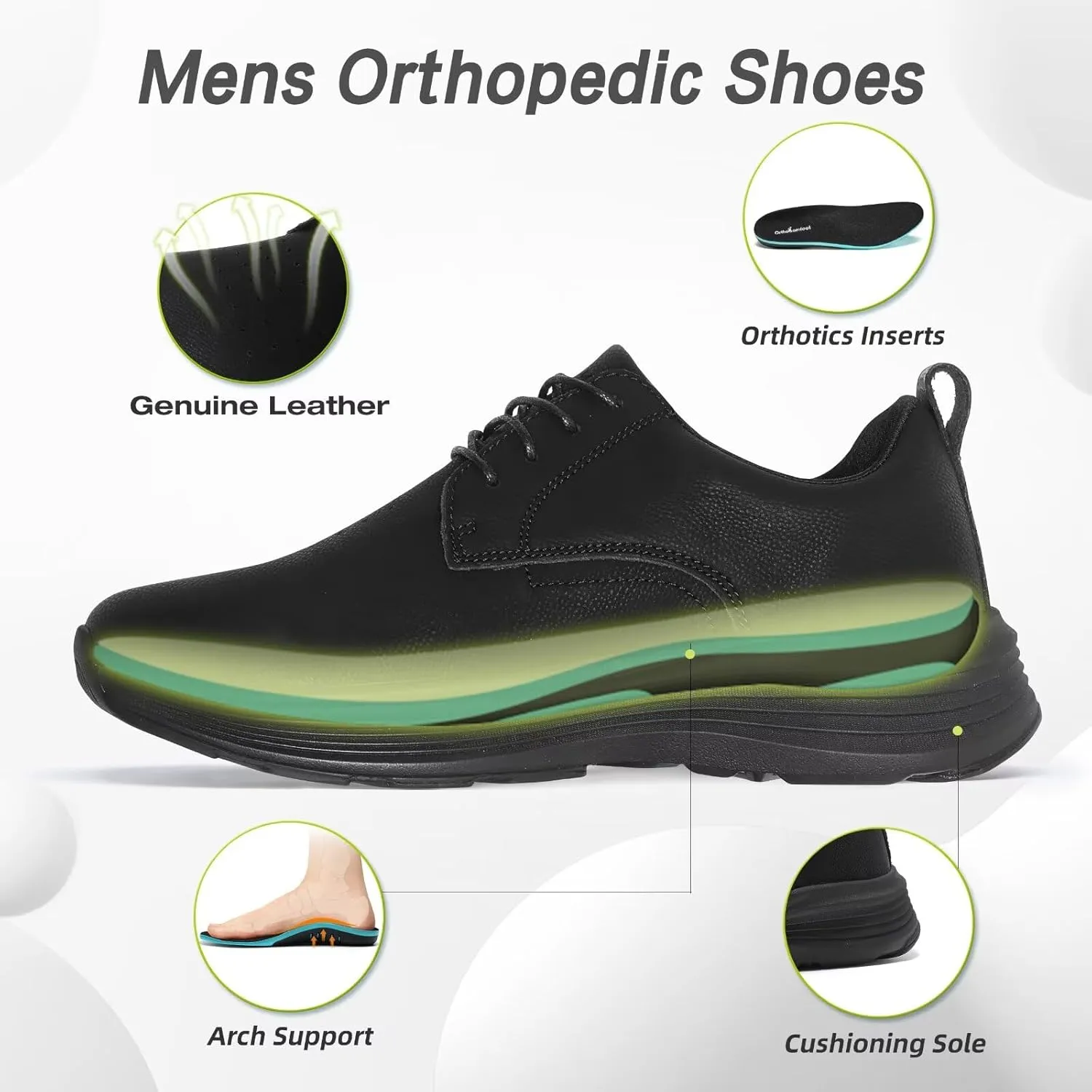 Men's Orthopedic Leather Dress Shoes: Casual Arch Support Plantar Fasciitis Orthotic Walking Business Oxford, Comfortable High Arch Golf Tennis Work Sneakers for Foot Heel Pain Relief