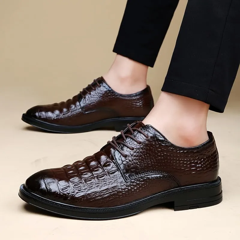 Men's Oxford Dress Shoes Lace-up Pointed Toe Genuine Leather Fashion Shoes with Crocodile Prints for Wedding, Party, and Formal Occasions