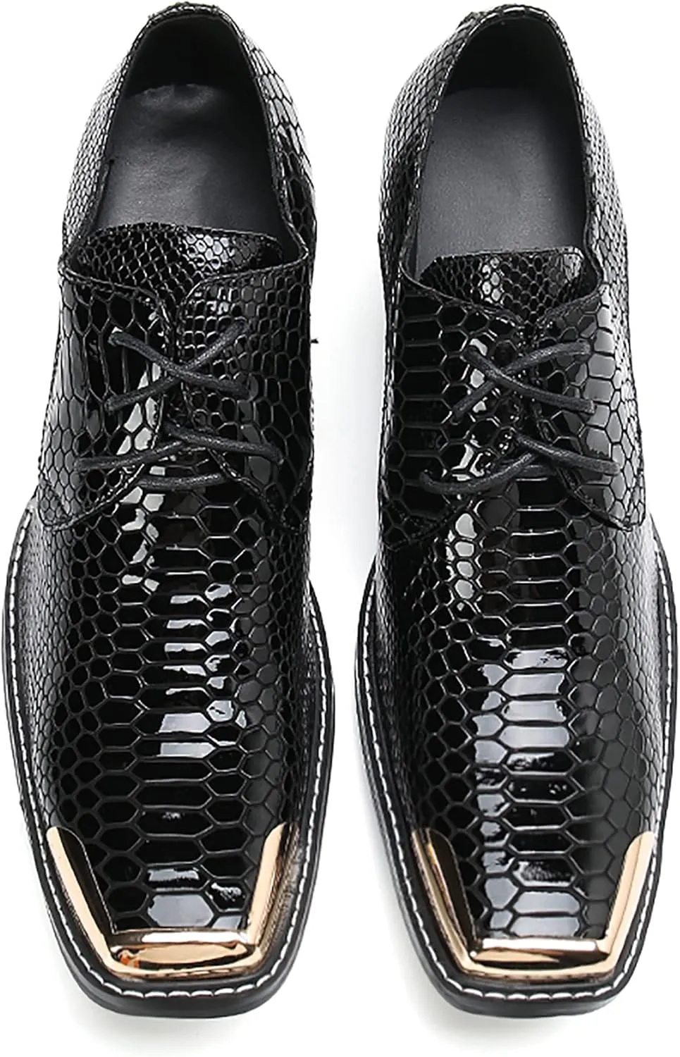 Mens Oxfords Casual Dress Shoes Genuine Leather Metal Square Toe Snakeskin Texture Derby Fashion Prom Wedding Formal Business Shoes Western Party Singer Heel Tuxedo Shoes for Men