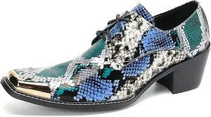 Mens Oxfords Casual Dress Shoes Genuine Leather Metal Square Toe Snakeskin Texture Derby Fashion Prom Wedding Formal Business Shoes Western Party Singer Heel Tuxedo Shoes for Men