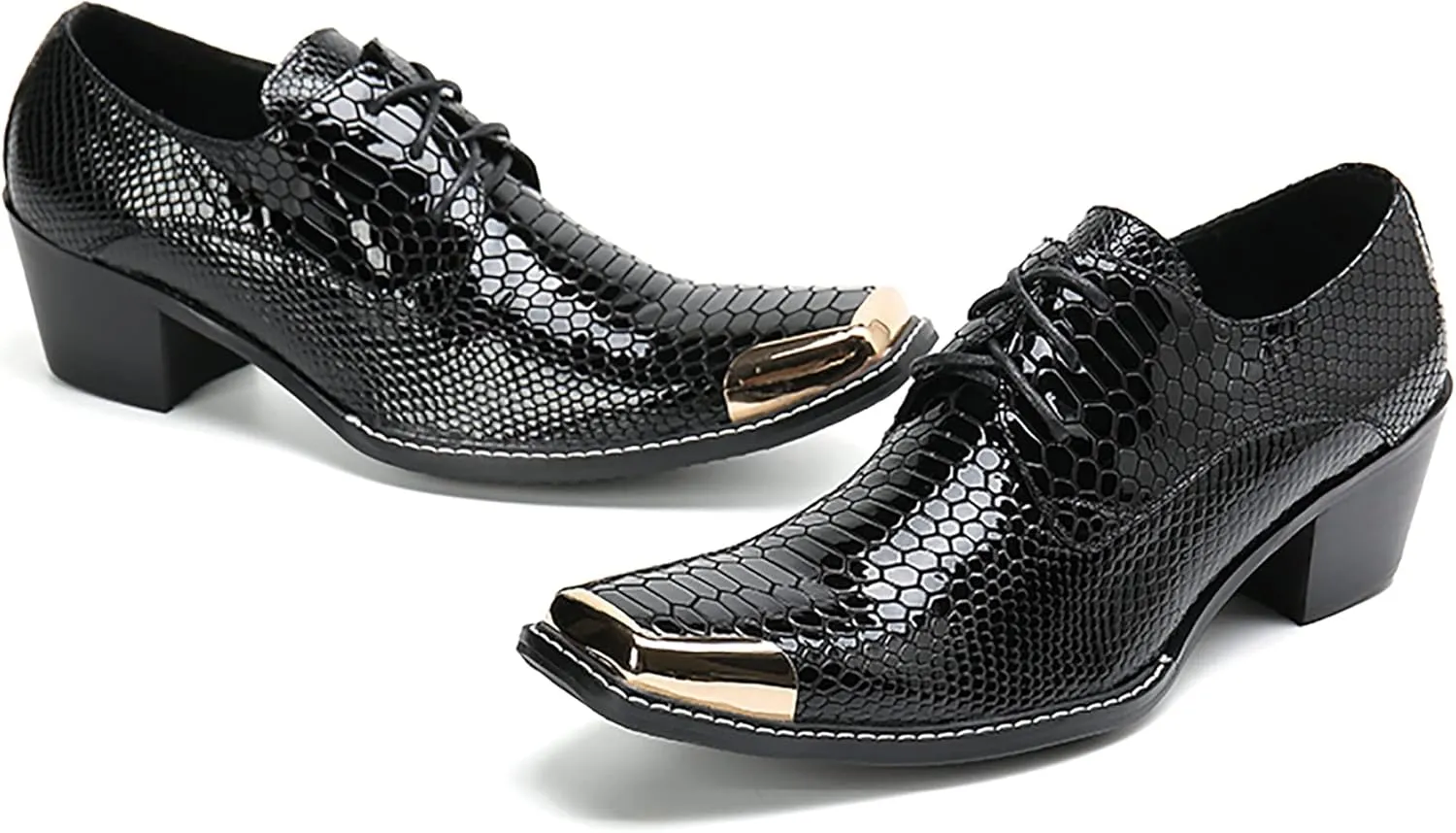 Mens Oxfords Casual Dress Shoes Genuine Leather Metal Square Toe Snakeskin Texture Derby Fashion Prom Wedding Formal Business Shoes Western Party Singer Heel Tuxedo Shoes for Men