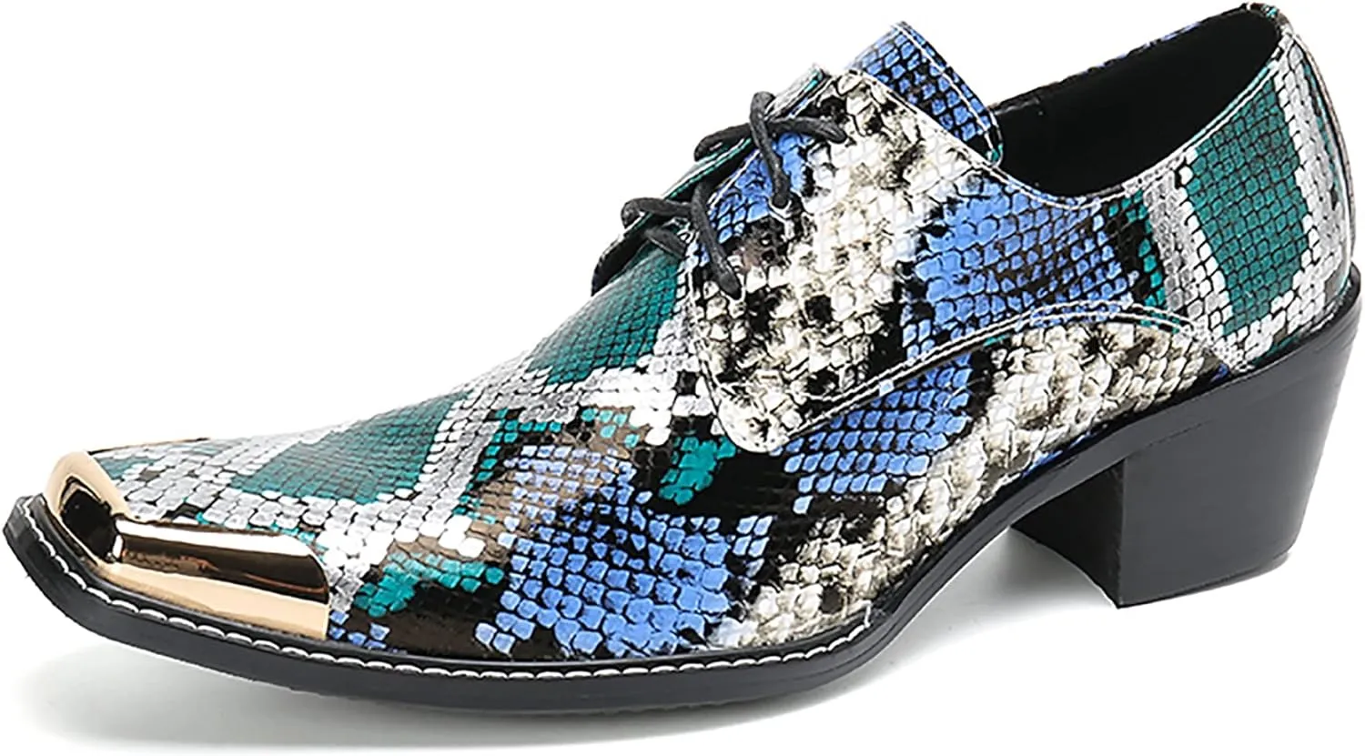 Mens Oxfords Casual Dress Shoes Genuine Leather Metal Square Toe Snakeskin Texture Derby Fashion Prom Wedding Formal Business Shoes Western Party Singer Heel Tuxedo Shoes for Men