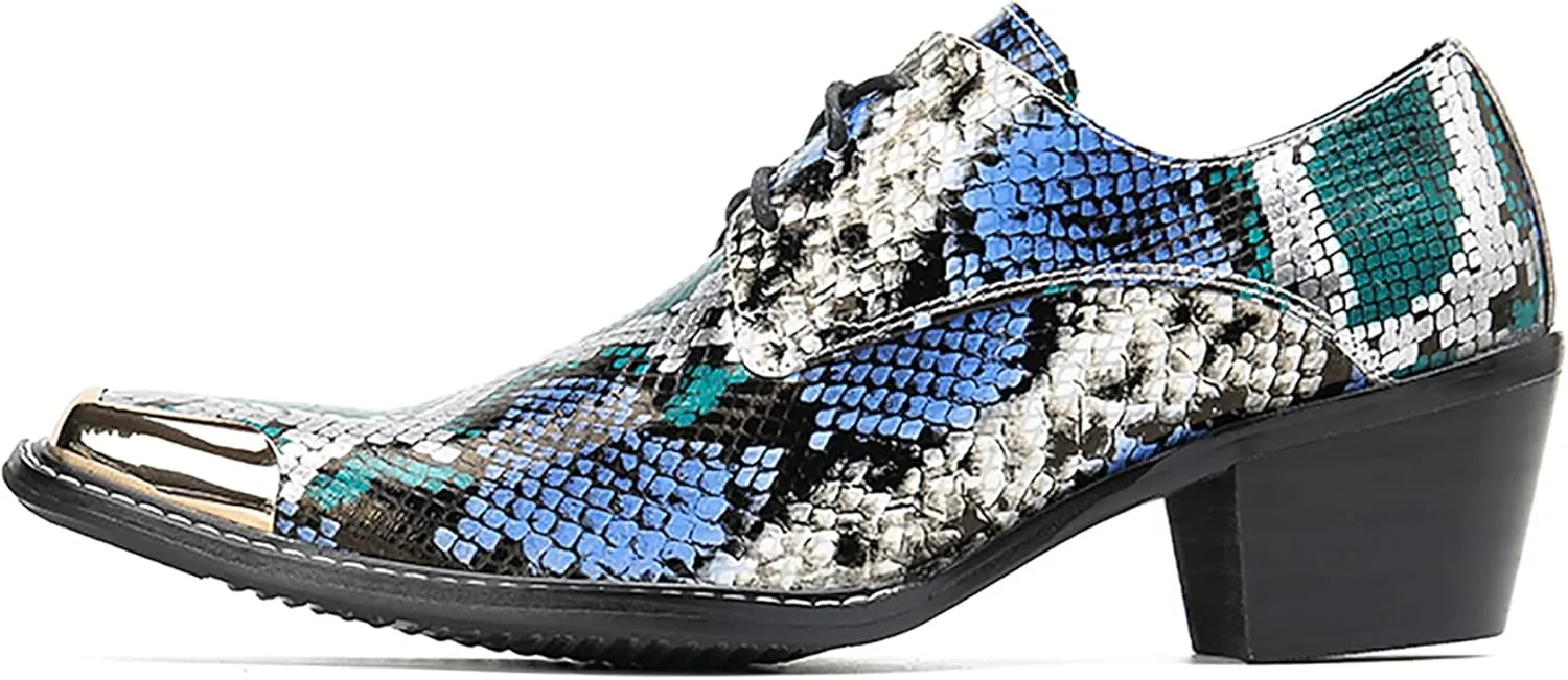 Mens Oxfords Casual Dress Shoes Genuine Leather Metal Square Toe Snakeskin Texture Derby Fashion Prom Wedding Formal Business Shoes Western Party Singer Heel Tuxedo Shoes for Men