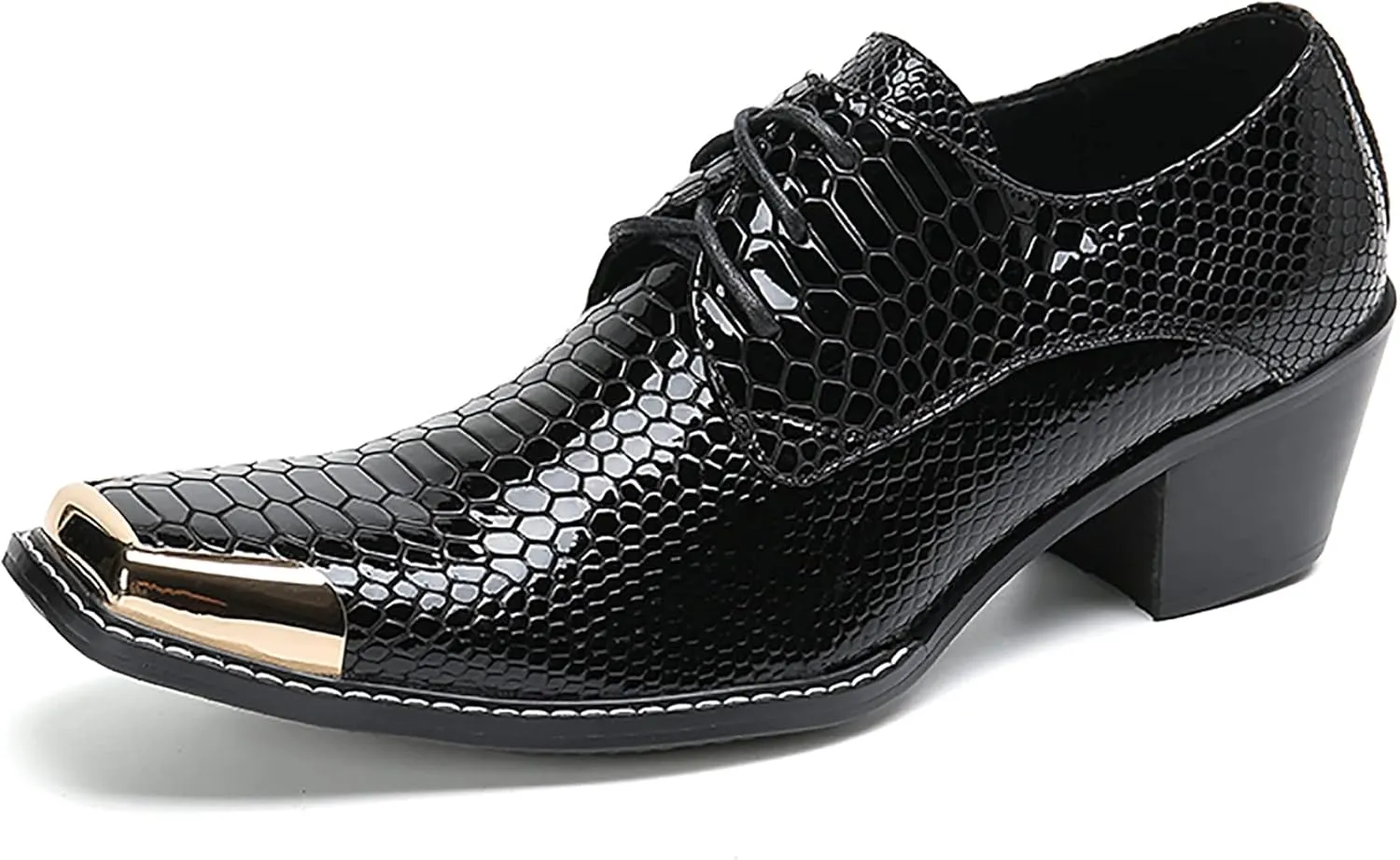 Mens Oxfords Casual Dress Shoes Genuine Leather Metal Square Toe Snakeskin Texture Derby Fashion Prom Wedding Formal Business Shoes Western Party Singer Heel Tuxedo Shoes for Men