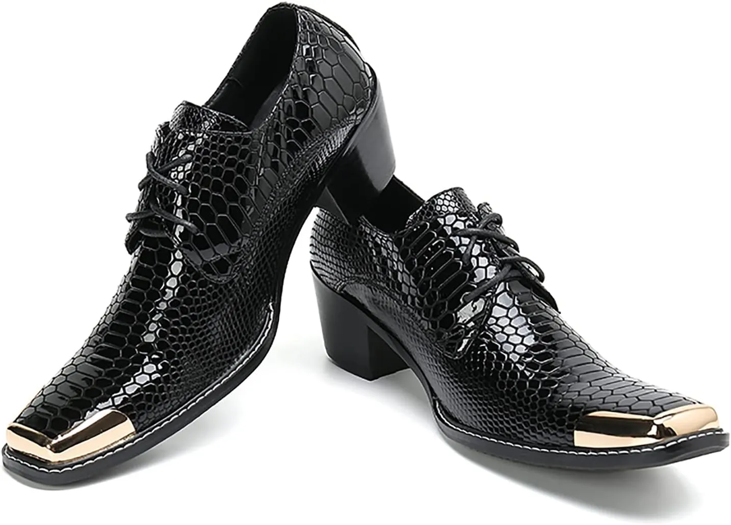 Mens Oxfords Casual Dress Shoes Genuine Leather Metal Square Toe Snakeskin Texture Derby Fashion Prom Wedding Formal Business Shoes Western Party Singer Heel Tuxedo Shoes for Men