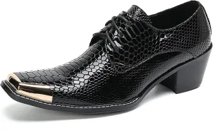 Mens Oxfords Casual Dress Shoes Genuine Leather Metal Square Toe Snakeskin Texture Derby Fashion Prom Wedding Formal Business Shoes Western Party Singer Heel Tuxedo Shoes for Men