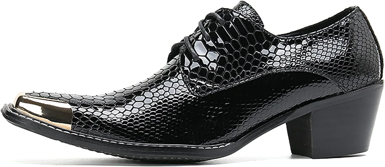 Mens Oxfords Casual Dress Shoes Genuine Leather Metal Square Toe Snakeskin Texture Derby Fashion Prom Wedding Formal Business Shoes Western Party Singer Heel Tuxedo Shoes for Men