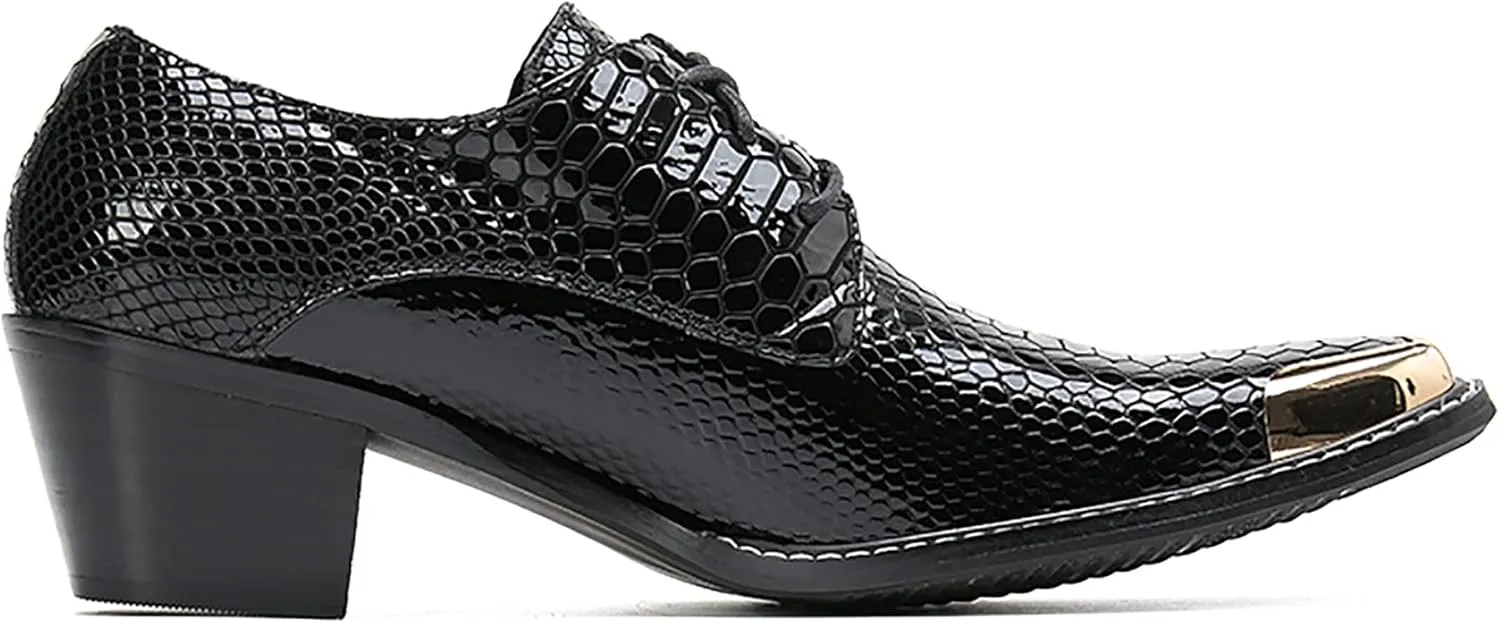 Mens Oxfords Casual Dress Shoes Genuine Leather Metal Square Toe Snakeskin Texture Derby Fashion Prom Wedding Formal Business Shoes Western Party Singer Heel Tuxedo Shoes for Men