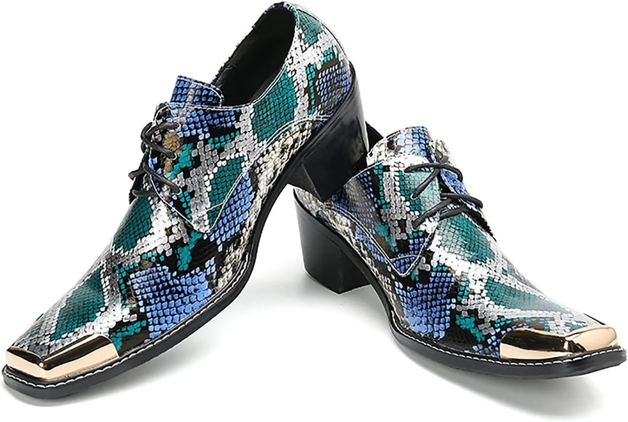 Mens Oxfords Casual Dress Shoes Genuine Leather Metal Square Toe Snakeskin Texture Derby Fashion Prom Wedding Formal Business Shoes Western Party Singer Heel Tuxedo Shoes for Men