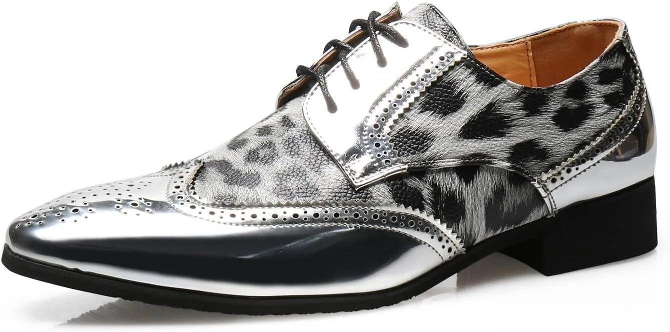Mens Oxfords Formal Dress Leopard Texture Wingtip Derby Glossy Leather Shoes for Men Fashion Wedding Prom Modern Shoes Business Casual Tuxedo Luxury Shoes