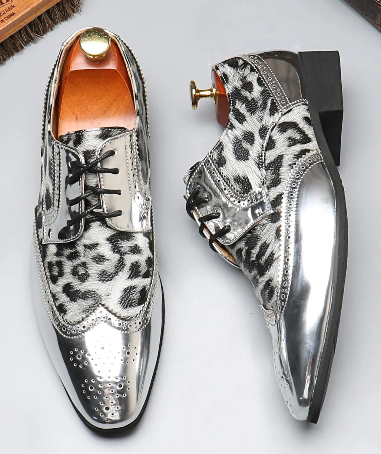 Mens Oxfords Formal Dress Leopard Texture Wingtip Derby Glossy Leather Shoes for Men Fashion Wedding Prom Modern Shoes Business Casual Tuxedo Luxury Shoes