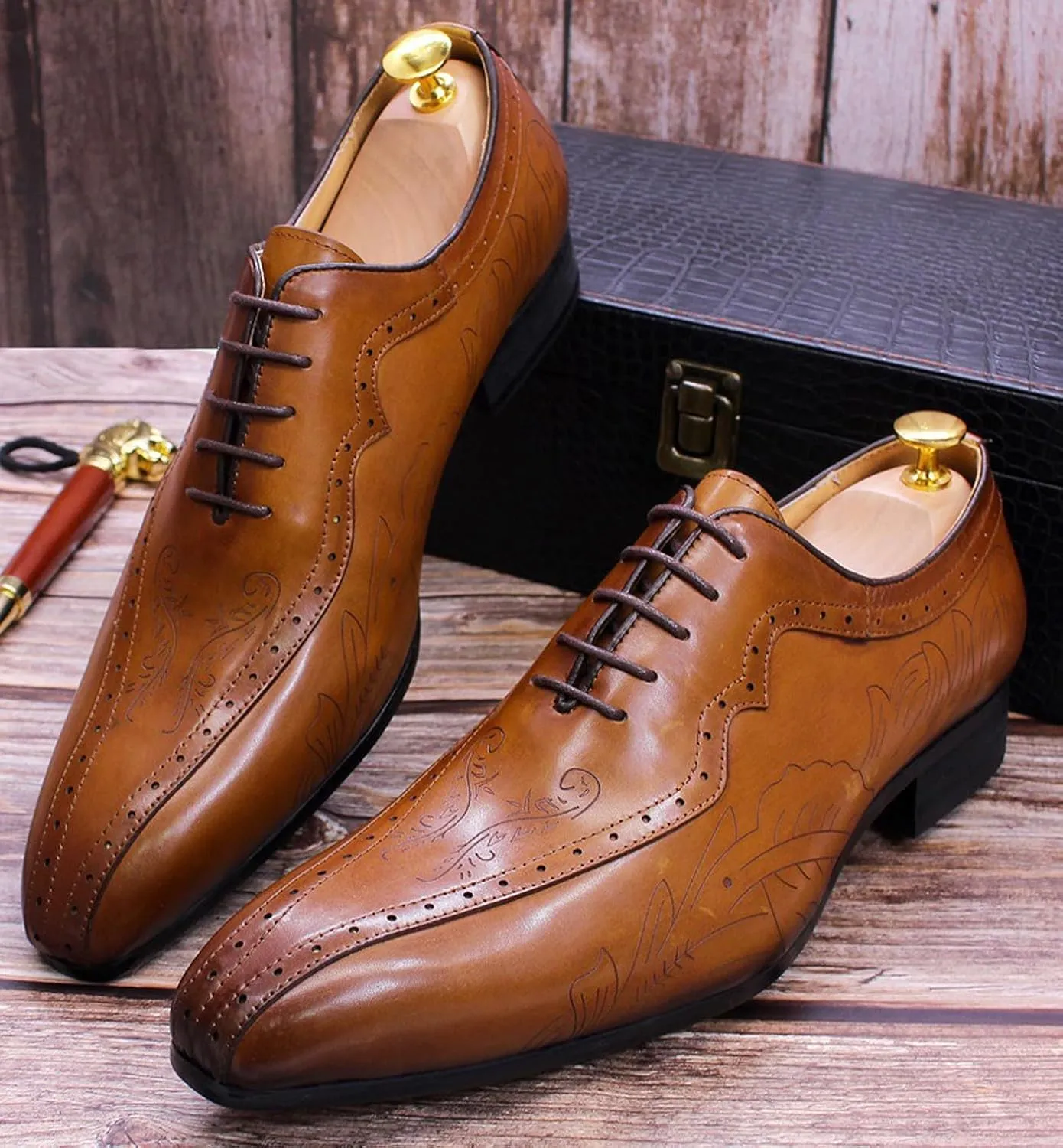Mens Oxfords Genunie Leather Formal Dress Suit Shoes Wingtip Brogues Modern Luxury Derby Fashion Prom Wedding Business Casual Comfortable Tuxedo Shoes for Men
