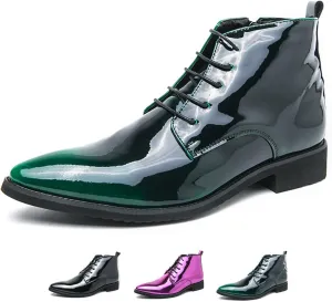 Men's Patent Leather Dress Oxfords Boots Fashion Pointed Toe Lace Up Side Zipper Shiny Ankle Boots Classic Luxury High Top Business Formal Derby Shoes