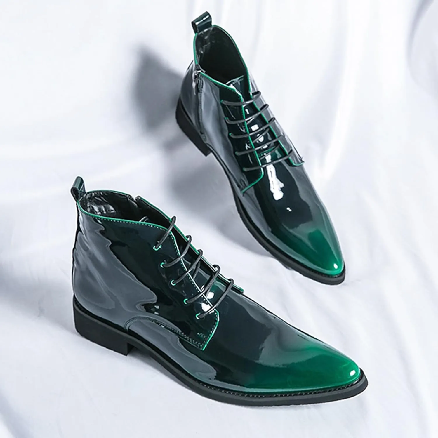 Men's Patent Leather Dress Oxfords Boots Fashion Pointed Toe Lace Up Side Zipper Shiny Ankle Boots Classic Luxury High Top Business Formal Derby Shoes