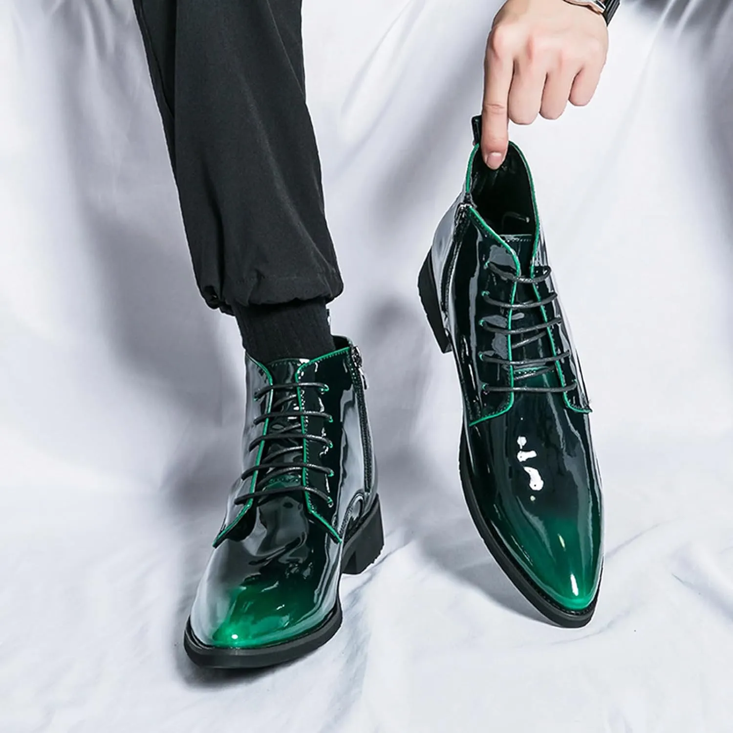 Men's Patent Leather Dress Oxfords Boots Fashion Pointed Toe Lace Up Side Zipper Shiny Ankle Boots Classic Luxury High Top Business Formal Derby Shoes