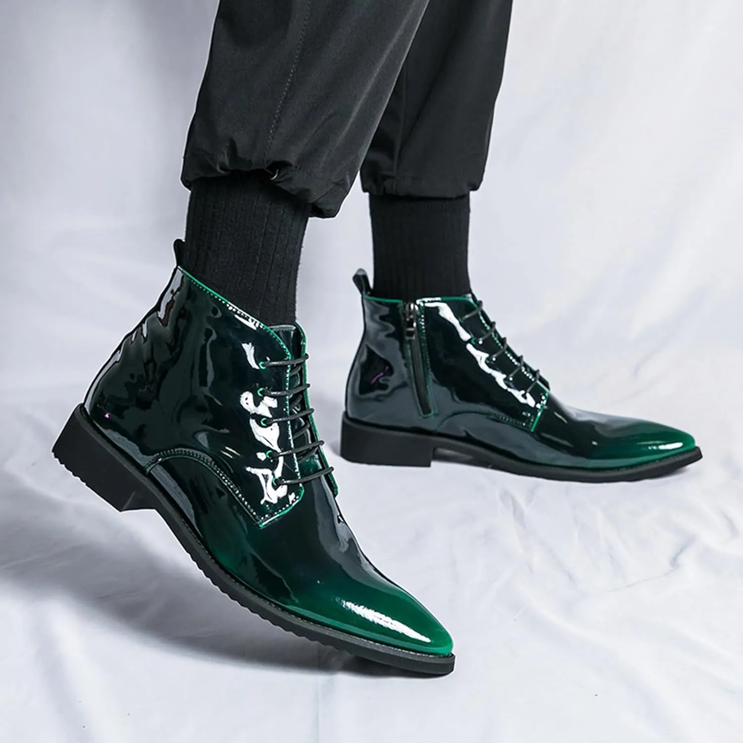 Men's Patent Leather Dress Oxfords Boots Fashion Pointed Toe Lace Up Side Zipper Shiny Ankle Boots Classic Luxury High Top Business Formal Derby Shoes