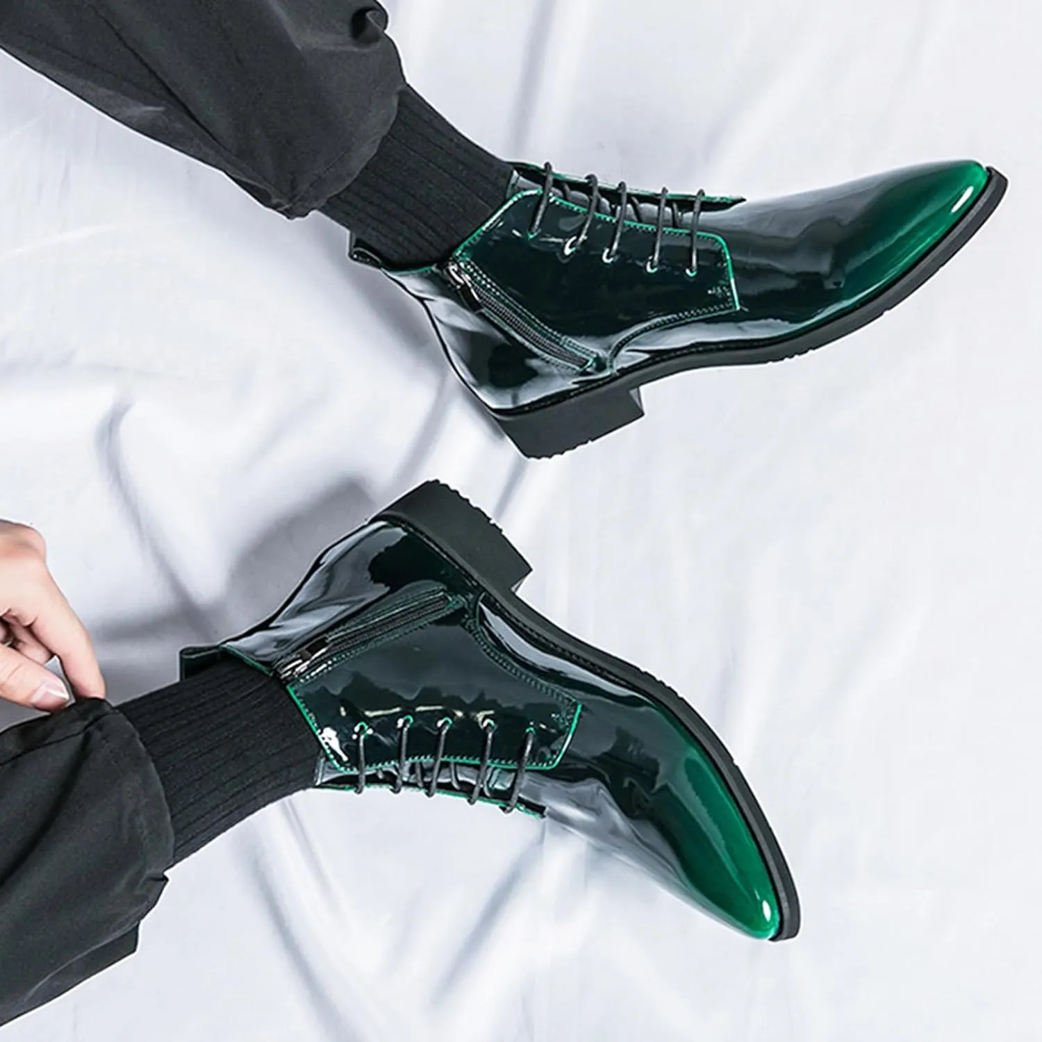 Men's Patent Leather Dress Oxfords Boots Fashion Pointed Toe Lace Up Side Zipper Shiny Ankle Boots Classic Luxury High Top Business Formal Derby Shoes