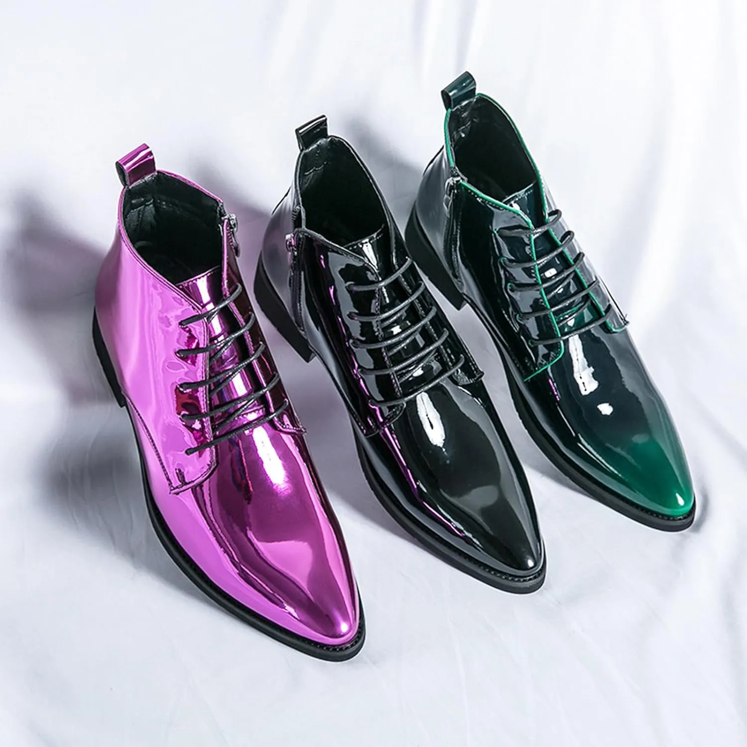 Men's Patent Leather Dress Oxfords Boots Fashion Pointed Toe Lace Up Side Zipper Shiny Ankle Boots Classic Luxury High Top Business Formal Derby Shoes