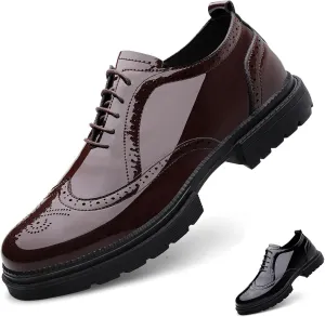 Men's Patent Leather Wing Tips Carved Lug Brogue Oxfords Shoes Fashion Classic Round-Toe Lace Up Low Top Genuine Leather Dress Shoes Hand Stitched Business Formal Derby Shoes