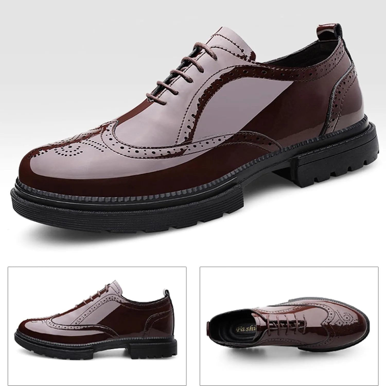 Men's Patent Leather Wing Tips Carved Lug Brogue Oxfords Shoes Fashion Classic Round-Toe Lace Up Low Top Genuine Leather Dress Shoes Hand Stitched Business Formal Derby Shoes