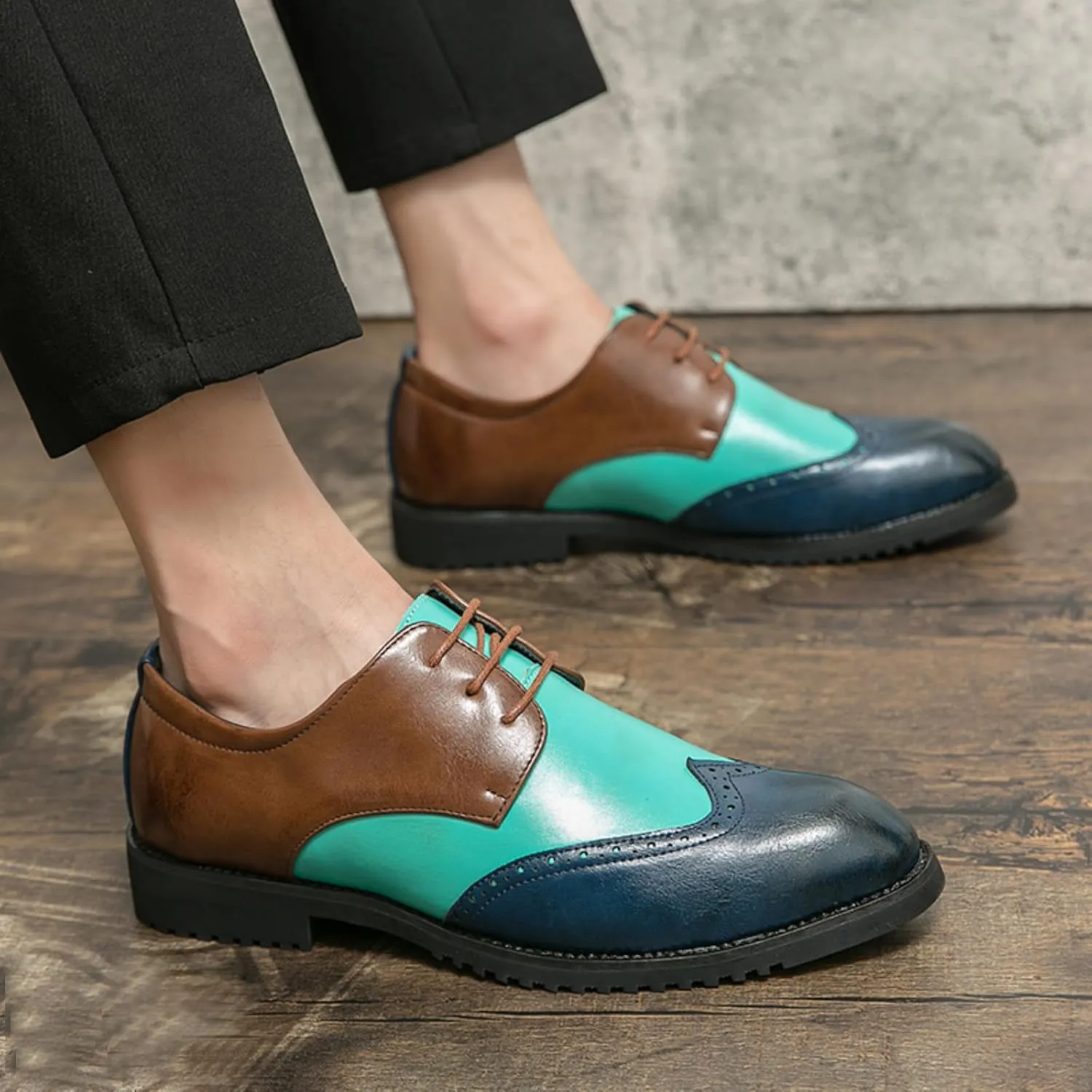 Mens Retro Brogue Multicolor Leather Dress Oxfords Shoes Low Top Non-Slip Pointed Toe Casual Wingtip Derby Shoes for Formal Business Wedding