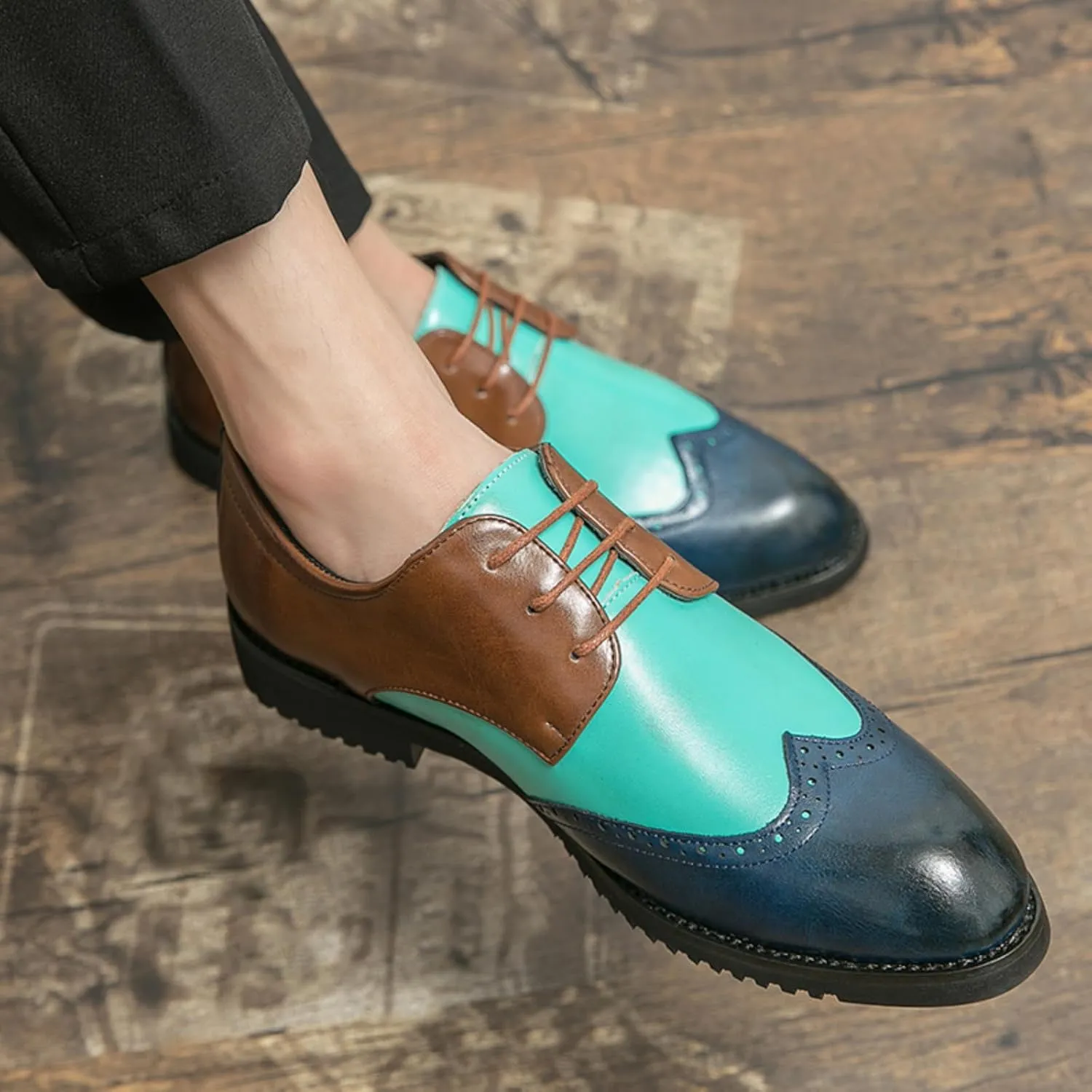 Mens Retro Brogue Multicolor Leather Dress Oxfords Shoes Low Top Non-Slip Pointed Toe Casual Wingtip Derby Shoes for Formal Business Wedding