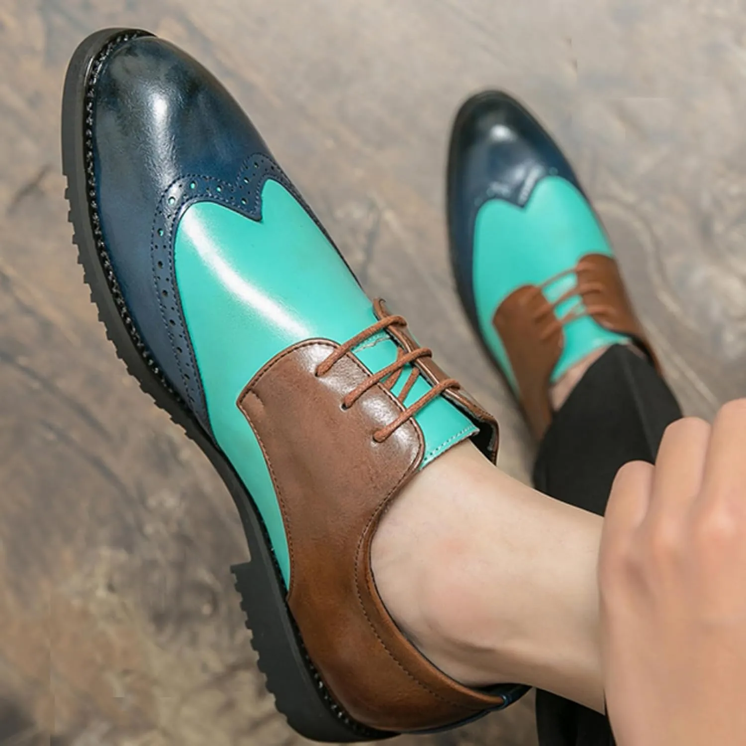 Mens Retro Brogue Multicolor Leather Dress Oxfords Shoes Low Top Non-Slip Pointed Toe Casual Wingtip Derby Shoes for Formal Business Wedding