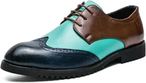 Mens Retro Brogue Multicolor Leather Dress Oxfords Shoes Low Top Non-Slip Pointed Toe Casual Wingtip Derby Shoes for Formal Business Wedding