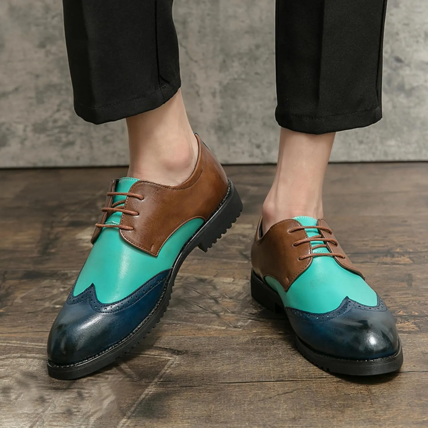 Mens Retro Brogue Multicolor Leather Dress Oxfords Shoes Low Top Non-Slip Pointed Toe Casual Wingtip Derby Shoes for Formal Business Wedding