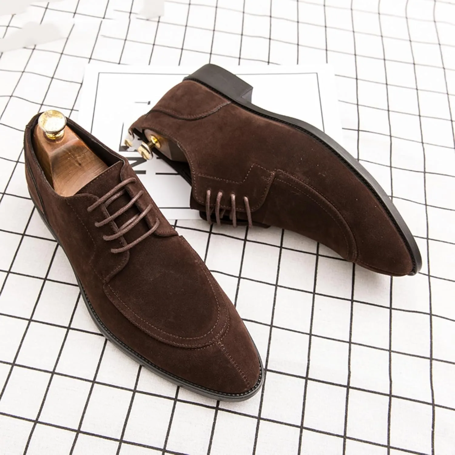 Mens Retro Suede Leather Lace Up Dress Oxfords Shoes Classic Slip On Low Top Pointed Toe Non-Slip Flats Derby Shoes for Formal Business Wedding