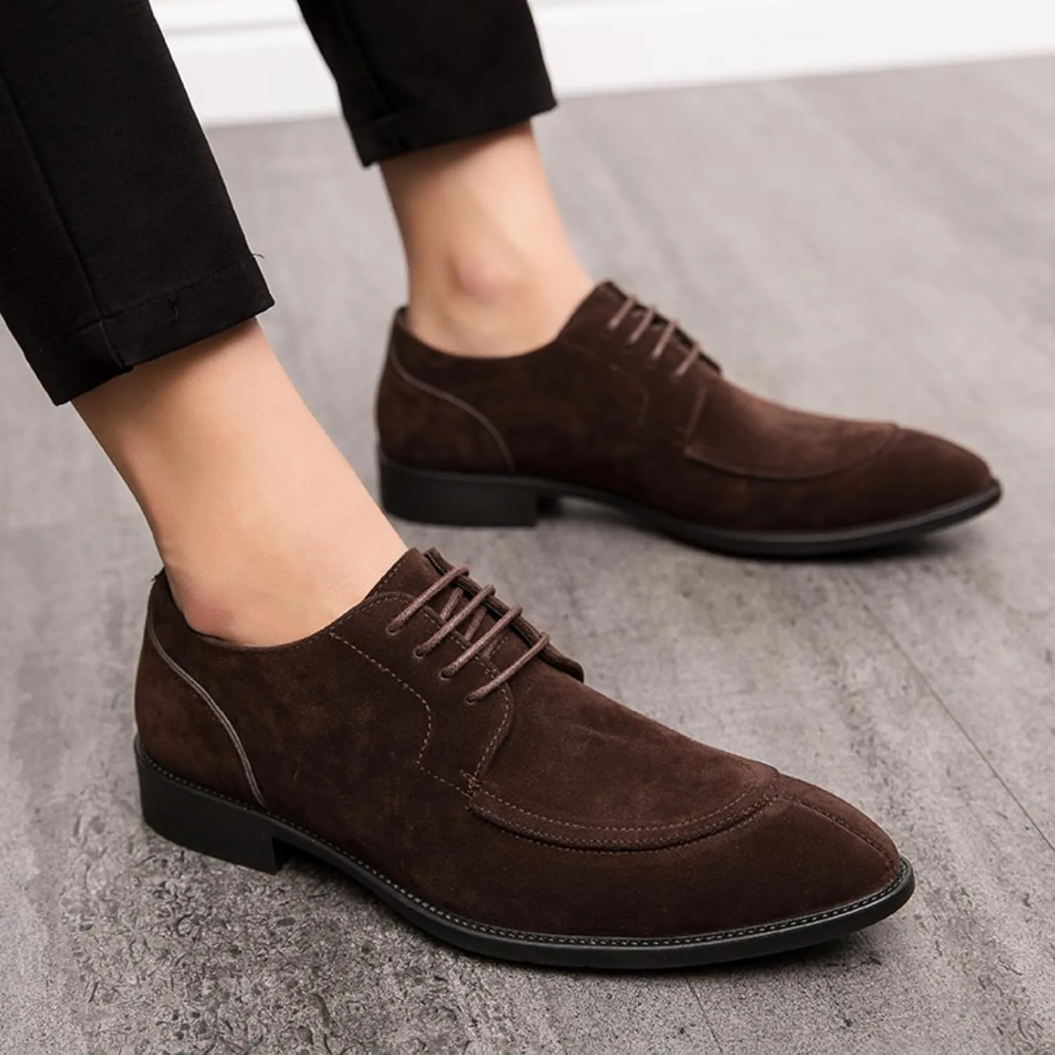 Mens Retro Suede Leather Lace Up Dress Oxfords Shoes Classic Slip On Low Top Pointed Toe Non-Slip Flats Derby Shoes for Formal Business Wedding