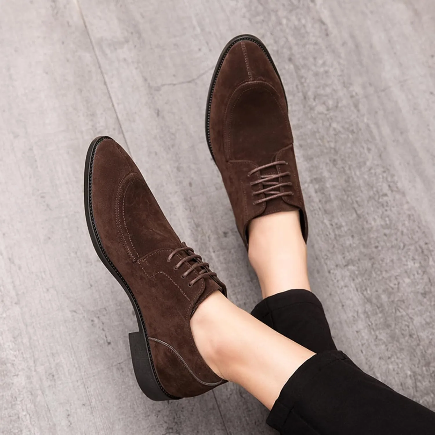 Mens Retro Suede Leather Lace Up Dress Oxfords Shoes Classic Slip On Low Top Pointed Toe Non-Slip Flats Derby Shoes for Formal Business Wedding