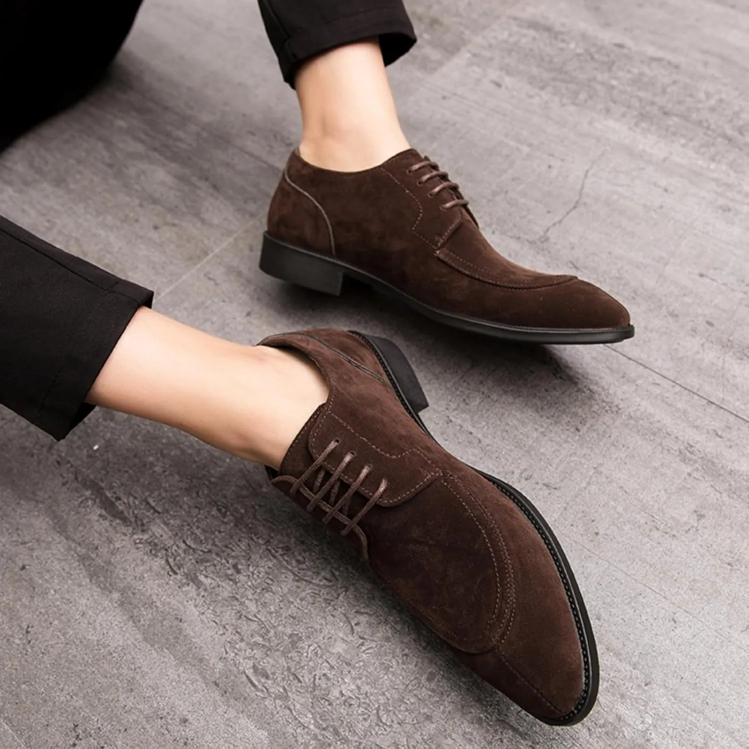 Mens Retro Suede Leather Lace Up Dress Oxfords Shoes Classic Slip On Low Top Pointed Toe Non-Slip Flats Derby Shoes for Formal Business Wedding