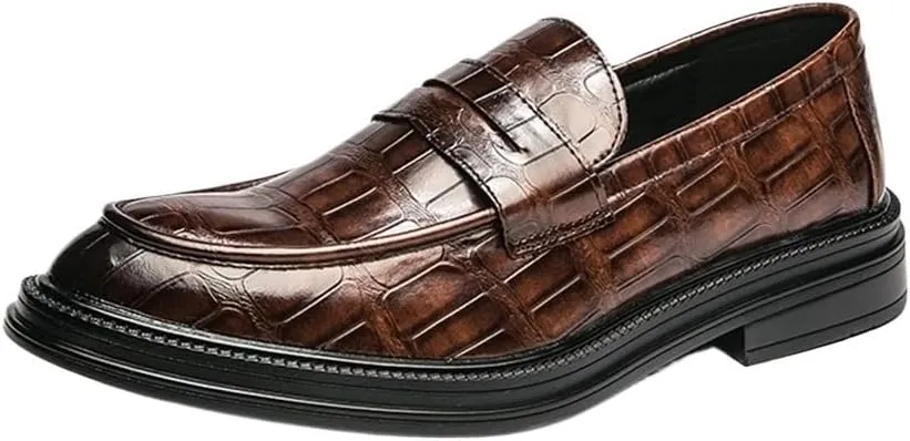 Men's Slip-On Dress Shoes, Genuine Leather Oxford Sneakers, Casual Low Top Walking Shoes, Non-Slip Business Work Shoes with Block Heel