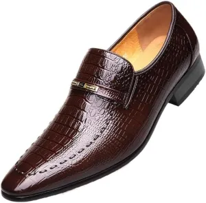 Men's Slip-On Oxford Dress Shoes, Round Toe Crocodile Print Leather, Anti-Slip Rubber Sole, Block Heel, Formal Business Work Shoes for Tuxedo & Outdoor