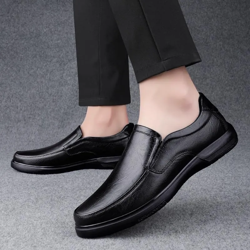 Men's Slip-On Round Toe Leather Oxford Dress Shoes, Non-Slip Low Top Block Heel, Comfortable Formal Shoes for Business, Prom & Wedding