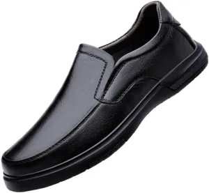 Men's Slip-On Round Toe Leather Oxford Dress Shoes, Non-Slip Low Top Block Heel, Comfortable Formal Shoes for Business, Prom & Wedding