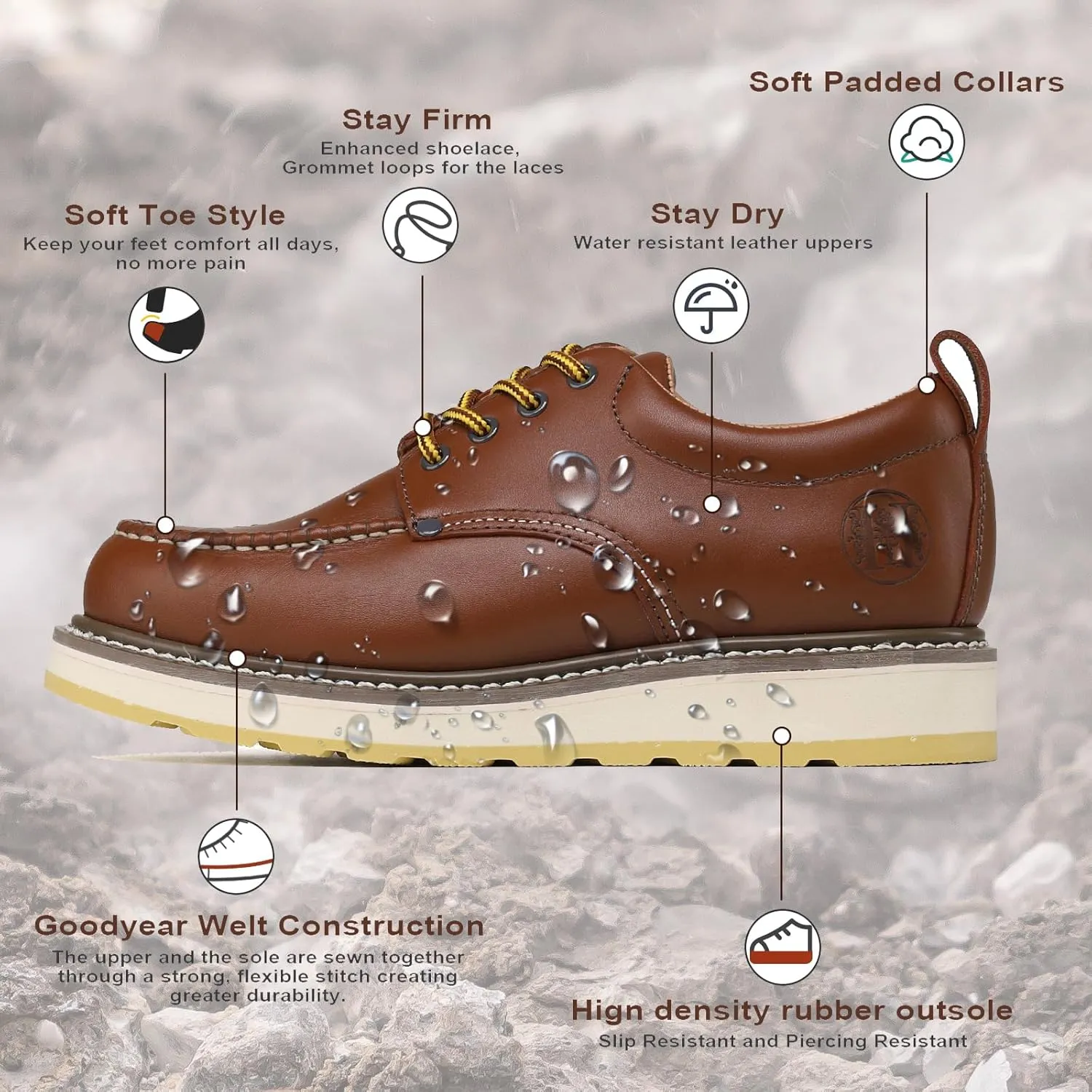 Men's Slip Resistant Work Shoes - 4" Brown Durable Oxford Style, Breathable & Soft Toe H82994