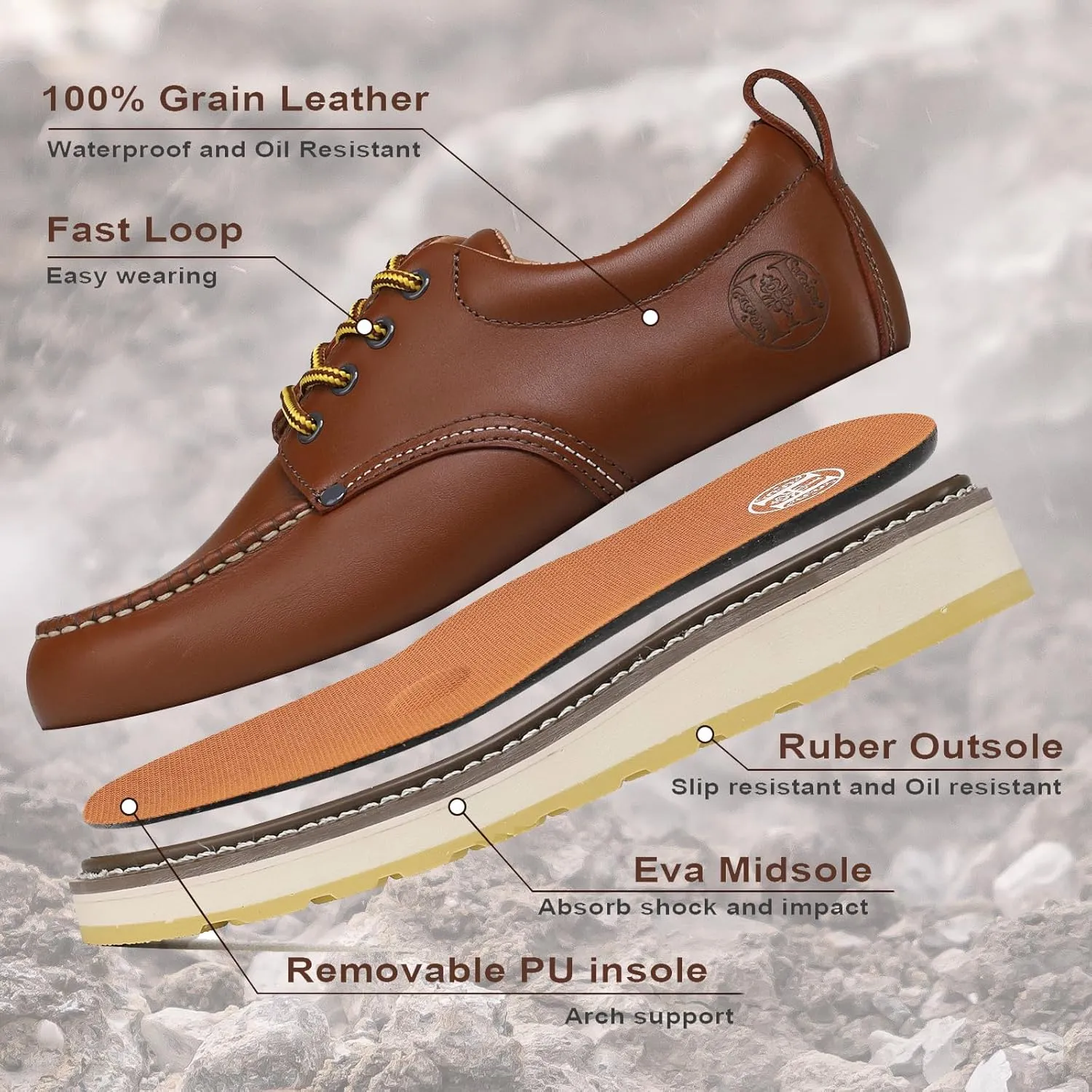 Men's Slip Resistant Work Shoes - 4" Brown Durable Oxford Style, Breathable & Soft Toe H82994