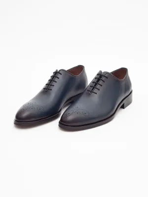 MENS SOLID BLUE WHOLE CUT OXFORD LEATHER DRESS SHOES, MEN OXFORDS SHOES
