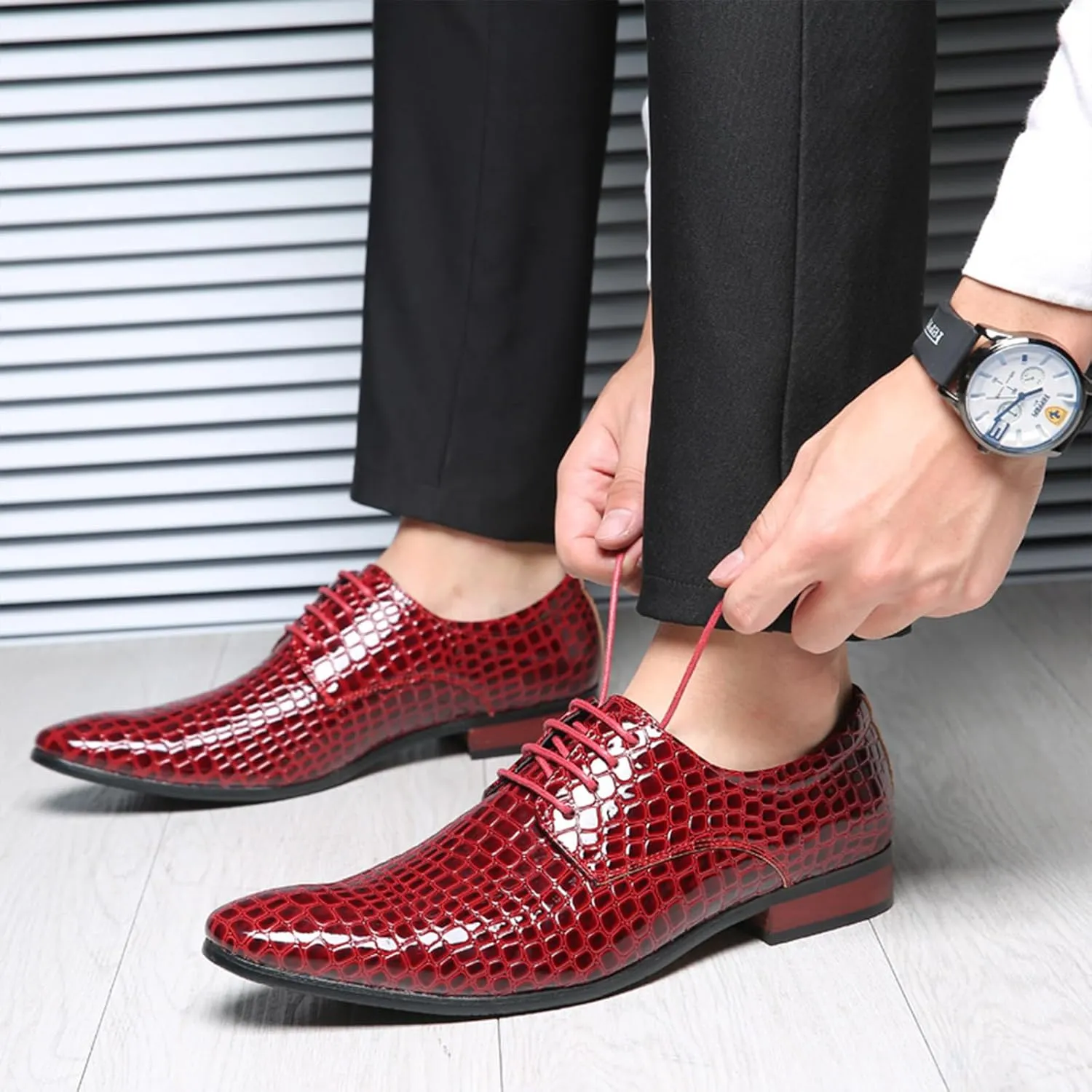 Men's Stone Patterned Leather Dress Oxford Shoes Fashion Pointed Patent Leather Lace-up Anti-Slip Business Wedding Formal Shoes Derby